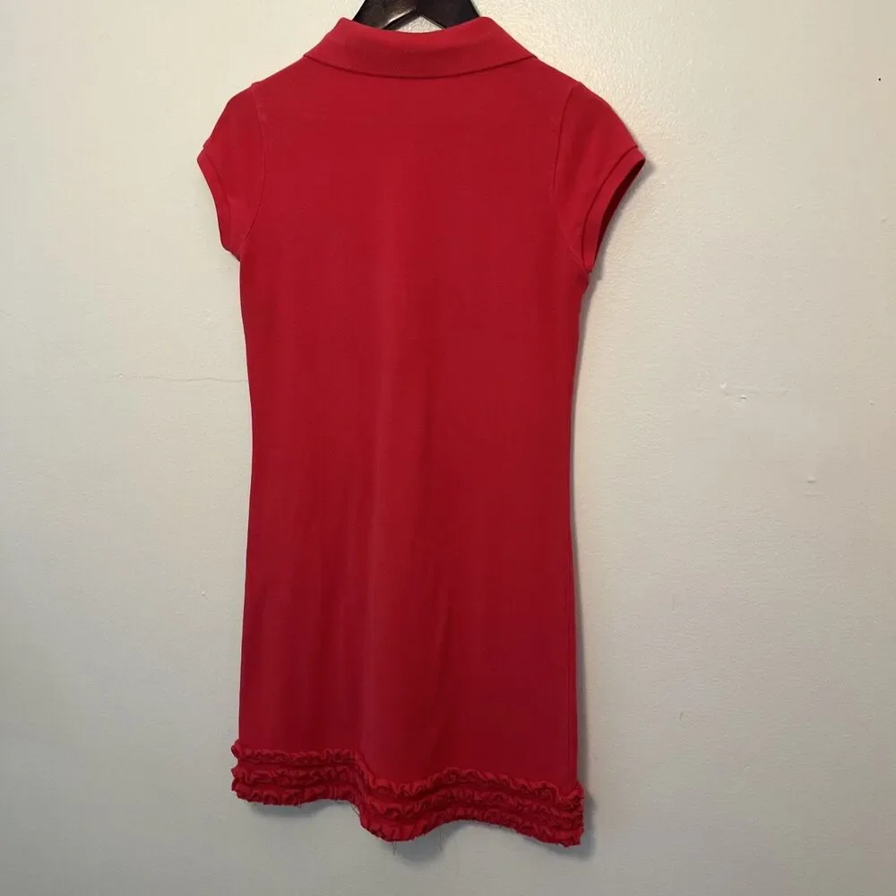 RALPH LAUREN Cotton Mesh Ruffle Hem Polo Pony Dress, Red- Size L (12/14)